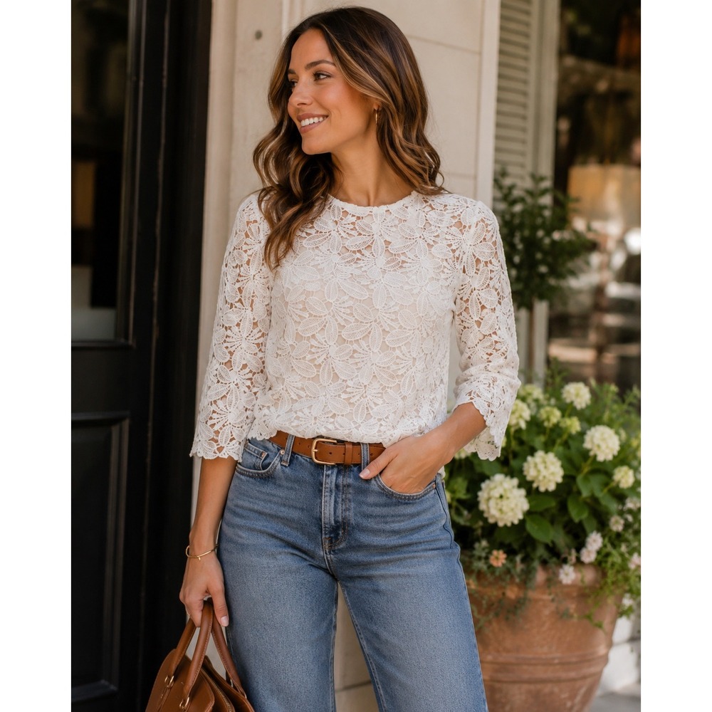 Chic Feminine Floral‎ Lace Blouse Romantic Cottage White Office Coastal Top Sz S